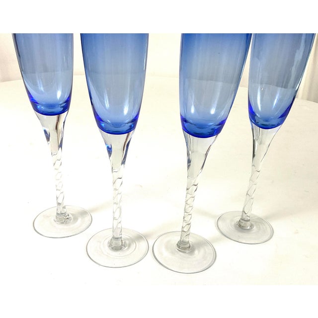 Unique and rare-vintage, hand blown-cobalt bowl, twisted, stem, champagne, flutes