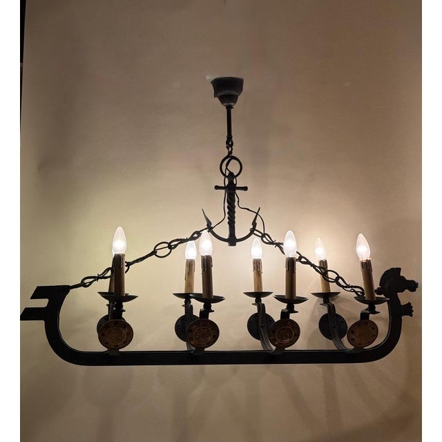 Art Deco Cast Iron Viking Longboat Chandelier, 1940s For Sale - Image 13 of 18