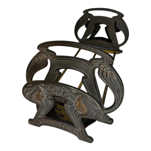 Antique Art Nouveau Expandable Brass Book Rack With Figural Maiden Motifs, C. 1900 For Sale