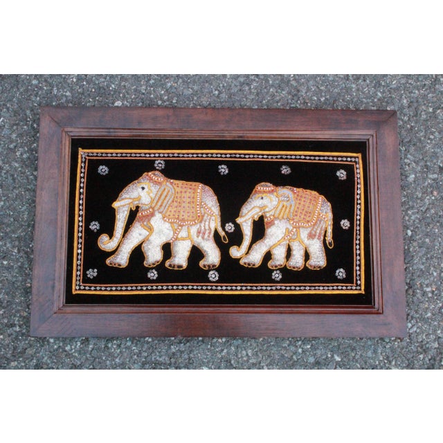 Late 20th Century Vintage Thai Pearl Bead Sequin Elephant on Black Velvet Wood Framed Art For Sale - Image 5 of 6