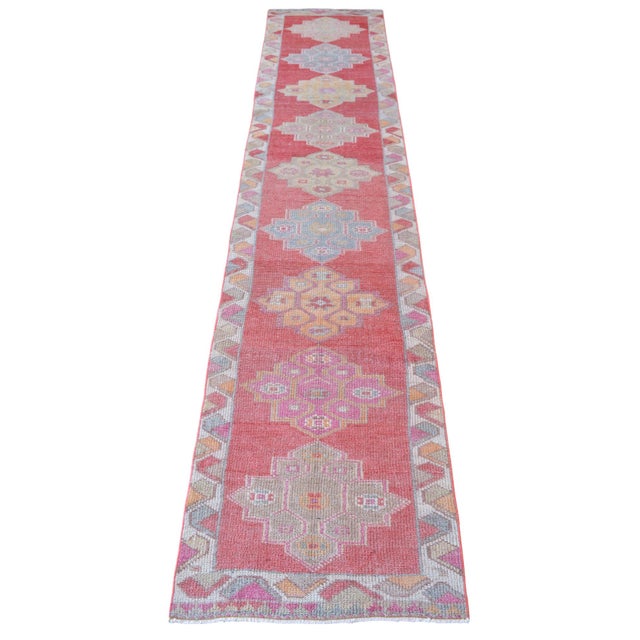 Salmon 1970s Vintage Turkish Hand-Knotted Runner Rug, Hallway Rug, Kitchen Decor - 2′6″ × 11′5″ For Sale - Image 8 of 15