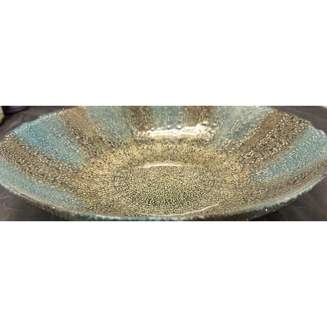 Artistic Accents Artisan Fused Glass Scalloped Edge 13” Console Bowl - Forged Teal & Black For Sale - Image 4 of 6