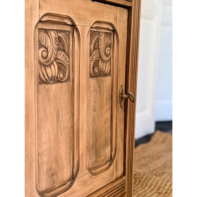 French Art Deco Carved Walnut Pedestal Cabinet, 1930s For Sale - Image 3 of 17