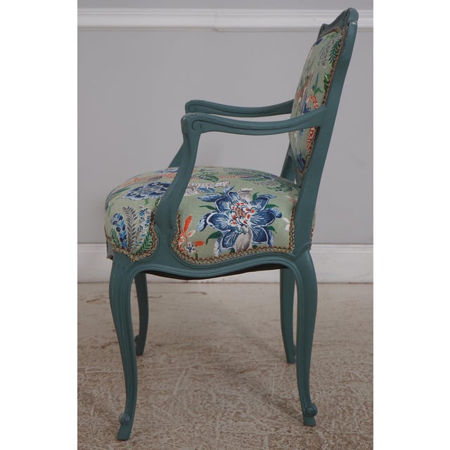 French Pair Petite French Greenish Blue Painted Armchairs For Sale - Image 3 of 18