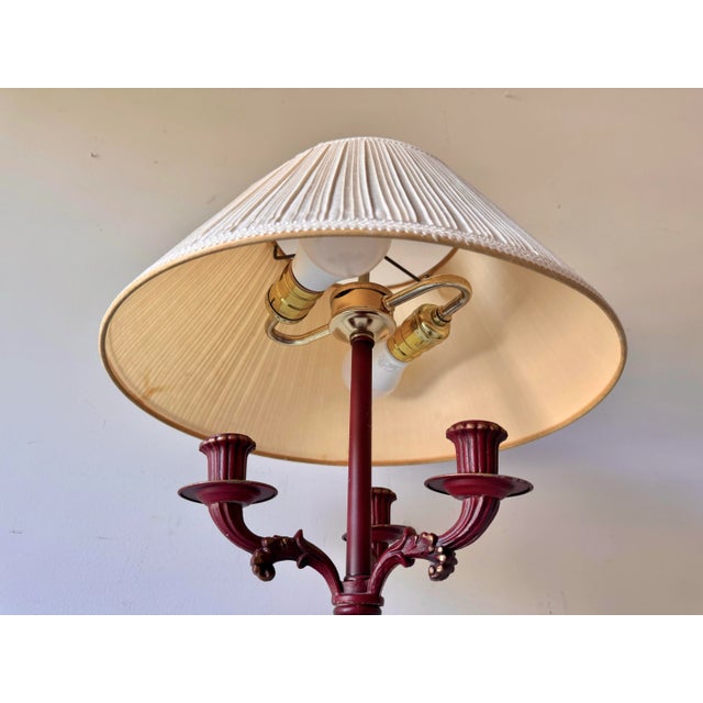 Metal Late 20th Century Three Candle Red Tole Bouillotte Lamp For Sale - Image 7 of 12