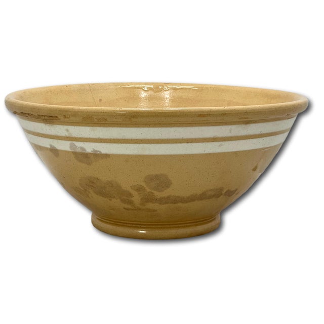 Cream Antique Large Thick & Heavy 15 Inch Size Double Cream Banded Yellow Ware Kitchen Mixing Bowl Circa Mid 1800s For Sale - Image 8 of 18