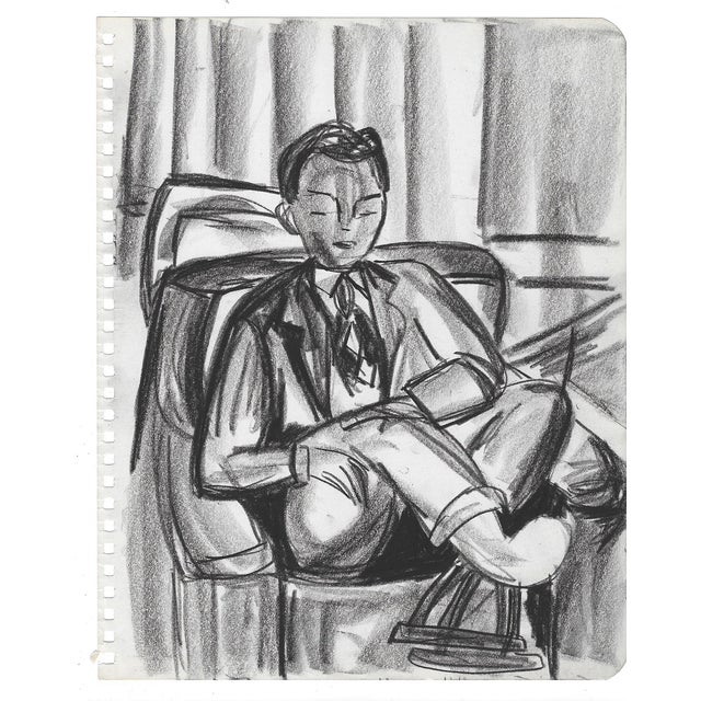 1950s drawing of a man seated in a chair by San Francisco artist Virginia Spencer. Unsigned, from a sketchbook of works by...