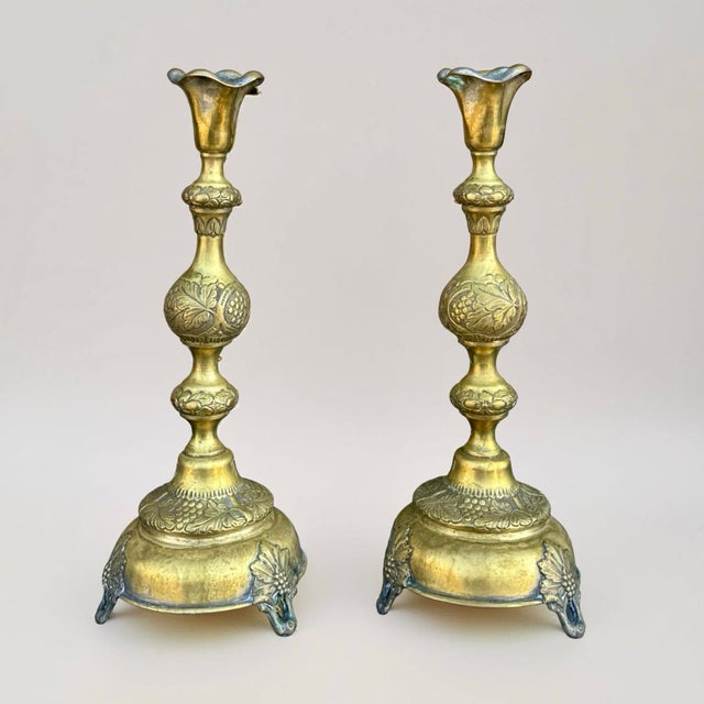 Traditional 19th Century Polish Brass Large Candlestick Holders W/ Grapevine Motif, Warsaw 1880s, Pair For Sale - Image 3 of 8
