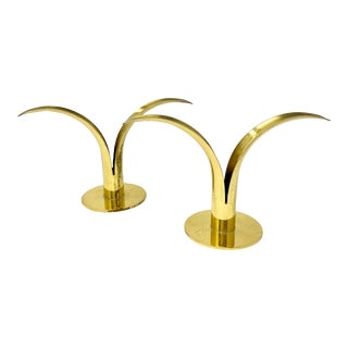 Mid-Century Ystad Metall Swedish Lily Brass Candlesticks- a Pair For Sale