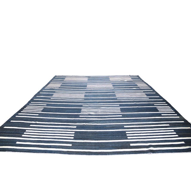 2020s Ariana Grand 11x16 Turkmen Maimana Handwoven Indigo Geometric Kilim | Chairish For Sale - Image 5 of 8