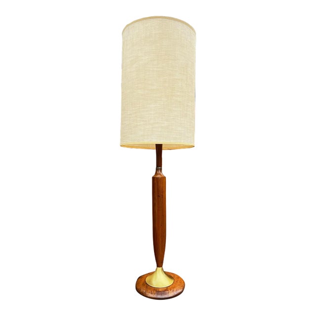Vintage 1960’s Mid-Century Modern Danish Teak Drum Shade Table Lamp With Brass Accents For Sale