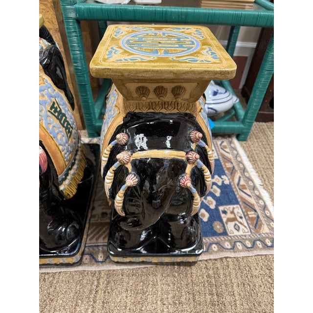 Vintage Colorful Black Porcelain Elephant Garden Stools, a Pair For Sale - Image 11 of 12