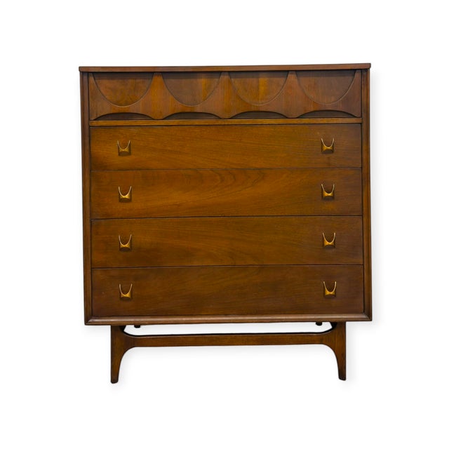 Mid-Century Modern Vintage Mid Century Modern Broyhill Brasilia Walnut Bedroom Set – 6-Drawer Dresser & Highboy Chest For Sale - Image 3 of 17