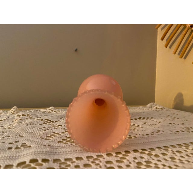 Glass Vintage Italian-Style Pink Opaline Glass Trumpet Vase With Iridescent Pedestal For Sale - Image 7 of 9