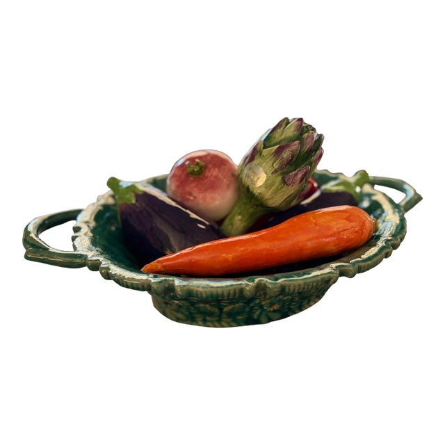 Vintage Italian Majolica Style Trompe l'Oeil Vegetable Basket Centerpiece For Sale