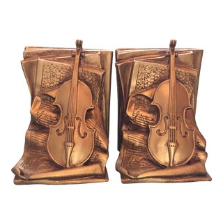 Violin & Sheet-Music Gold Bookends by Universal Sculpture Co. Chicago - A Pair For Sale