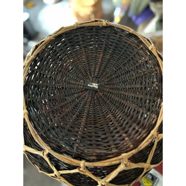 Modern Vintage Handwoven Southeast Asian Creel Basket – 13" Squat Geometric Rattan & Bamboo For Sale - Image 3 of 4
