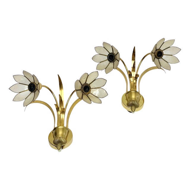Brass and Lotus Flower Wall Lights by Sa Boulanger, 1960s, Set of 2 For Sale