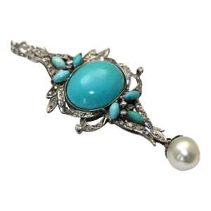 Persian Turquoise Pendant in Palladium With South Sea Pearl