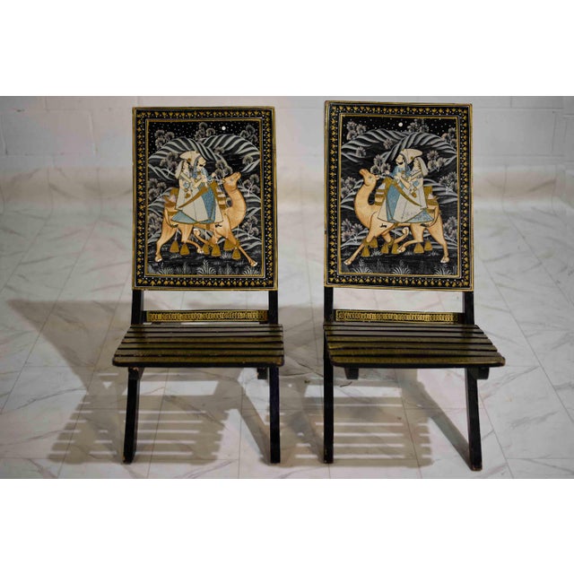 Antique Mughal Art Rajasthani Handpainted Wooden Folding Chairs Set