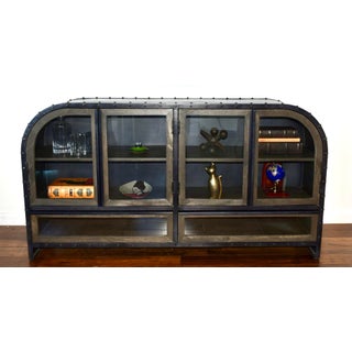 Industrial Riveted Metal & Glass Display Cabinet / Credenza For Sale