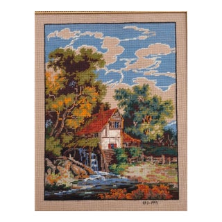 Rosemary Pipkin Jackson (American 20th Century), Old Mill, Needlework Panel, Framed and Signed For Sale