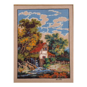 Rosemary Pipkin Jackson (American 20th Century), Old Mill, Needlework Panel, Framed and Signed