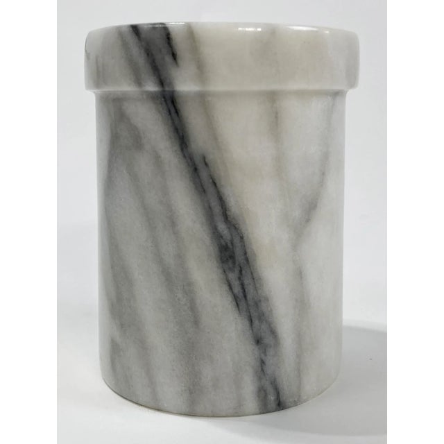 Heavy Italian Carrara marble vessel in rich white and gray tones. Circa 1970s. Ideal use as a utensil holder or bottle...