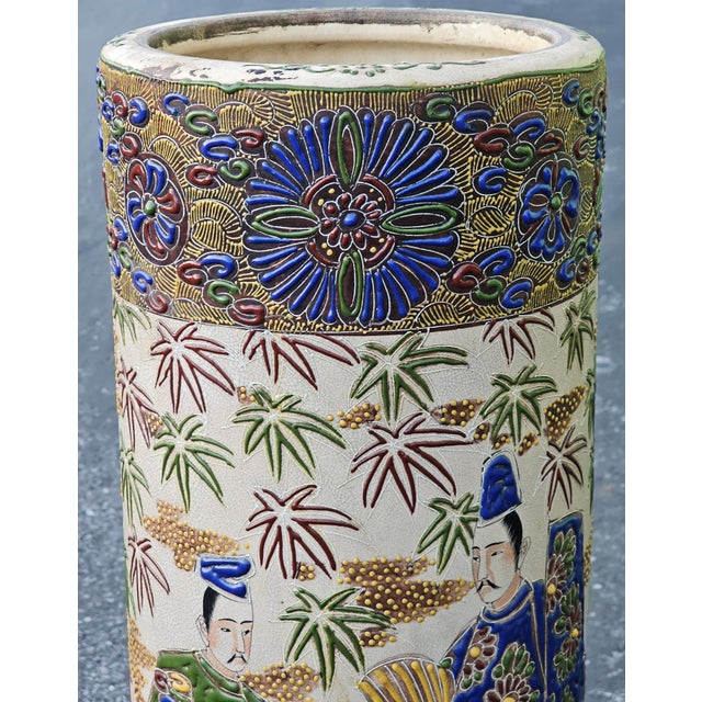 Mid 19th Century Meiji Satsuma Cylindrical Umbrella Stand Vase With Enamel Samurai Decoration For Sale - Image 9 of 16