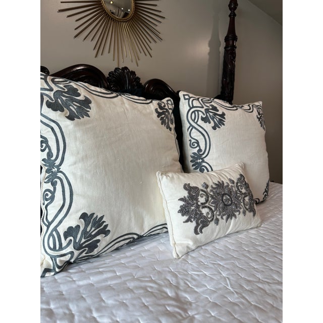 Textile Oversized Ankasa Embroidered Euro Pillows With Coordinating Lumbar – Set of 3 For Sale - Image 7 of 12