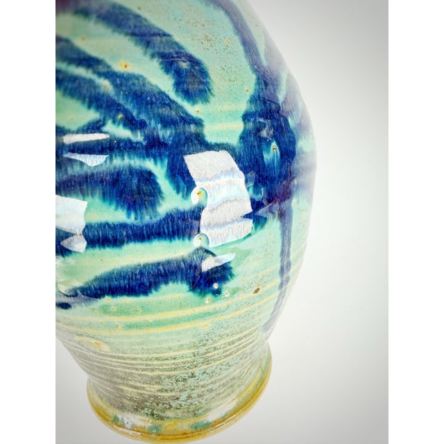 Ceramic Vintage Studio Pottery Vase - Turquoise & Cobalt Glazed Stoneware - MCM Style For Sale - Image 7 of 8