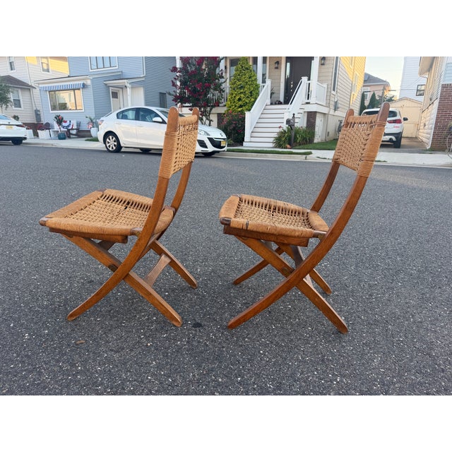 1960s Hans Wegner Style Weaved Rope Folding Chairs For Sale - Image 9 of 12