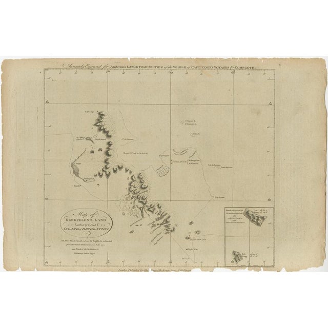 This map is titled "Map of Kerguelen’s Land, called by Cook Island of Desolation." It represents the geographic layout of...
