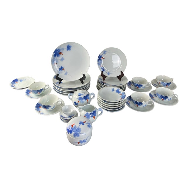 Vintage Hand Painted Japanese Porcelain Dinner Tea Service - 41pcs For Sale