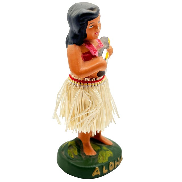 Original post-war ceramic chalkware dancing Hawaiian Hula girl figurine made from lightweight plaster and painted in...