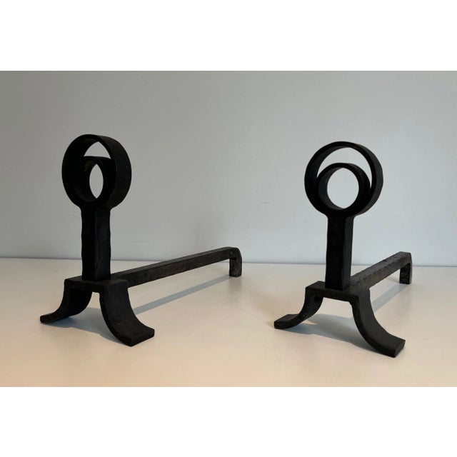Metal Modernist Cast Iron and Wrought Iron Andirons - A Pair For Sale - Image 7 of 13