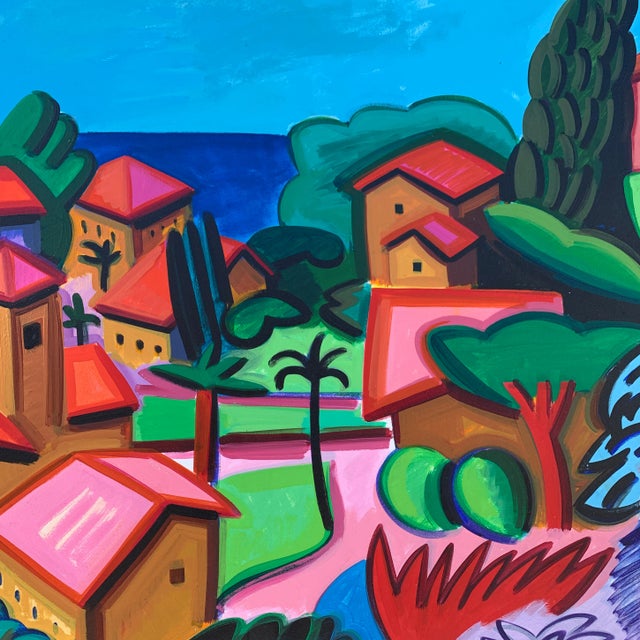 Mediterranean 80x80 Joan Steinman Mediterranean Coastal Village Painting #4 For Sale - Image 3 of 11