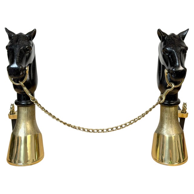 19th Century English Brass & Iron Horse Motif Andirons with Removable Chain For Sale - Image 10 of 18