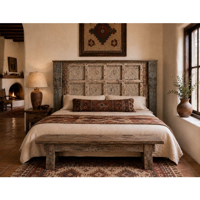 Indian King Size Headboard Constructed From an Antique Door and Pillars, the door c. 1900 from Rajasthan. With the teak...