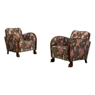 Swedish Modern, Art Deco Lounge Chairs, Stained Birch, Fabric, Sweden, 1940s For Sale