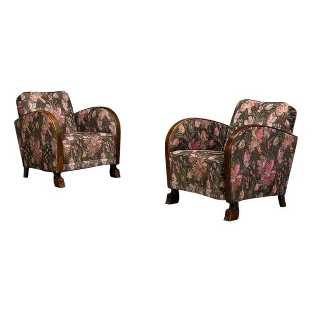 Swedish Modern, Art Deco Lounge Chairs, Stained Birch, Fabric, Sweden, 1940s For Sale