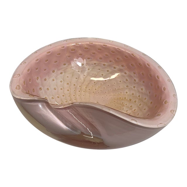 Large Mid-20th Century Modern Alfredo Barbini Murano Pink & Gold Bullicante Art Glass Bowl For Sale