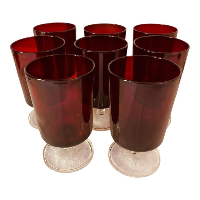 Ruby Red Footed French Wine Glasses, Set/8 For Sale