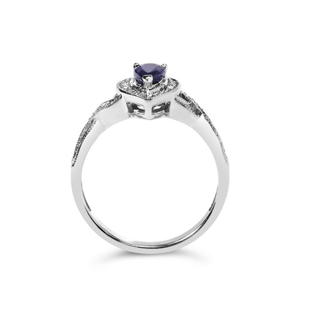 Early 21st Century .925 Sterling Silver 6x4mm Pear Sapphire Gemstone with Diamond Accent Fashion Halo Ring (H-I Color, SI1-SI2 Clarity) - Size 8 For Sale - Image 5 of 7