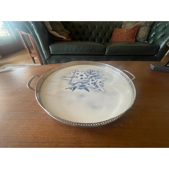 Antique German Theodor Paetsch Porcelain Spritzdekorin Air Brush Lilies Birds Serve Tray For Sale - Image 4 of 9