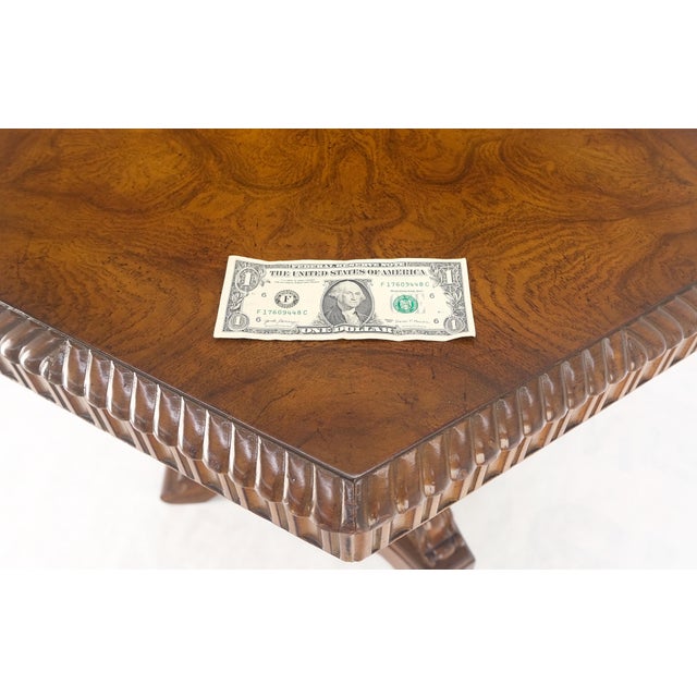 Fine Hexagon Burl Wood Top Tripod Carved Scroll Base Rope Edge Center Table MINT For Sale - Image 13 of 17