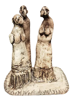 Mid 20th Century One Man and Two Women Figural Group Clay Sculpture
