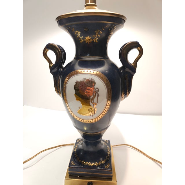 Blue Ethan Allan: Vintage French Sèvres Style Bronze-Mounted Cobalt Blue Hand Painted Porcelain Gold Gilded Table Lamp For Sale - Image 8 of 12