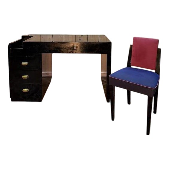 Art Deco Style Black Lacquered Desk and Chair, Set of 2 For Sale