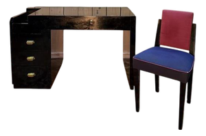 Art Deco Style Black Lacquered Desk and Chair, Set of 2